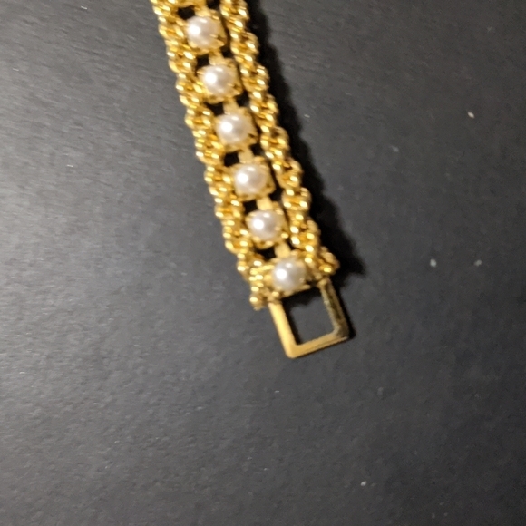 Gold Tone White Faux Pearl Statement Bracelet - Picture 3 of 4